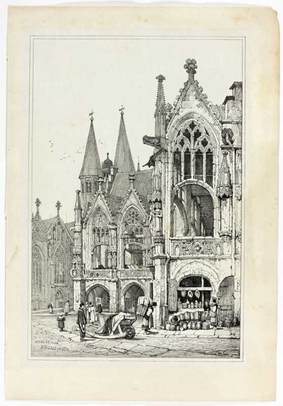 Hotel de Ville, Brunswick, 1833, Samuel Prout (English, 1783-1852), probably printed by Charles Joseph Hullmandel (English, 1789-1850), probably published by Rudolph Ackermann (English, 1764-1834), England, Lithograph in black on grayish-ivory chine, laid down on ivory wove paper, 290 × 425 mm (image), 310 × 445 mm (primary support), 345 × 500 mm (secondary support)