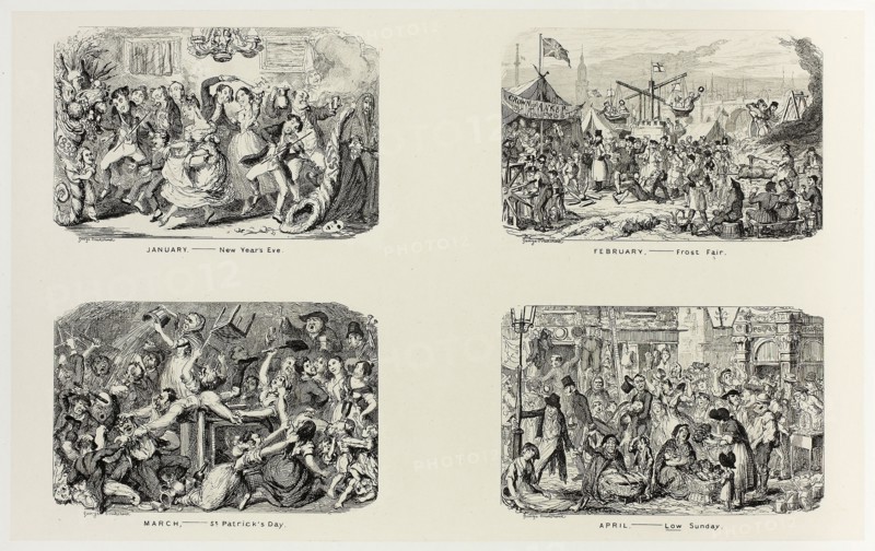 January – New Year’s Eve from George Cruikshank’s Steel Etchings to The Comic Almanacks: 1835-1853 (top left), 1838, printed c. 1880, George Cruikshank (English, 1792-1878), published by Pickering & Chatto (English, 19th century), England, Four steel etchings in black on cream India paper, laid down on off-white card (chine collé), 206 × 332 mm (primary support), 343 × 506 mm (secondary support)