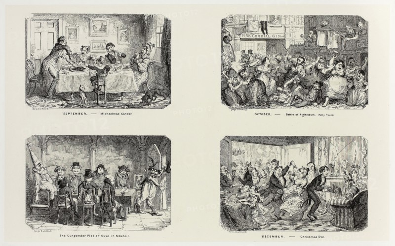 September – Michaelmas Gander from George Cruikshank’s Steel Etchings to The Comic Almanacks: 1835-1853 (top left), 1838, printed c. 1880, George Cruikshank (English, 1792-1878), published by Pickering & Chatto (English, 19th century), England, Four steel etchings in black on cream India paper, laid down on off-white card (chine collé), 207 × 334 mm (primary support), 346 × 508 mm (secondary support)
