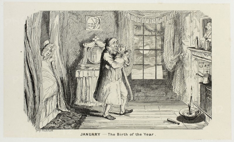 January, The Birth of the Year from George Cruikshank’s Steel Etchings to The Comic Almanacks: 1835-1853, 1839, printed c. 1880, George Cruikshank (English, 1792-1878), published by Pickering & Chatto (English, 19th century), England, Steel etching in black on cream India paper, laid down on off-white card (chine collé), 93 × 157 mm (primary support), 222 × 284 mm (secondary support)