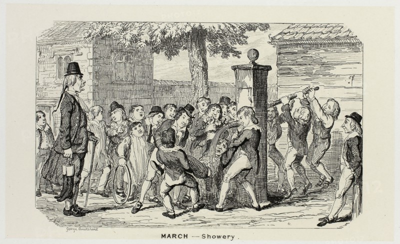 March, Showery from George Cruikshank’s Steel Etchings to The Comic Almanacks: 1835-1853, 1839, printed c. 1880, George Cruikshank (English, 1792-1878), published by Pickering & Chatto (English, 19th century), England, Steel etching in black on cream India paper, laid down on off-white card (chine collé), 93 × 154 mm (primary support), 222 × 282 mm (secondary support)