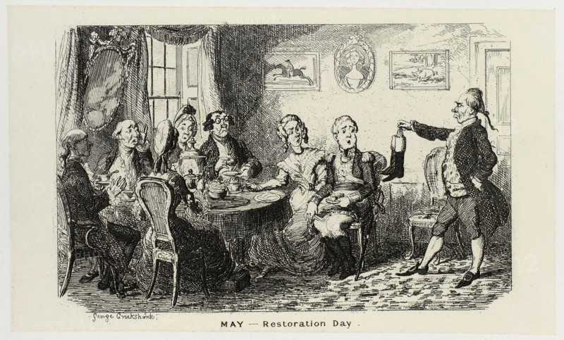 May, Restoration Day from George Cruikshank’s Steel Etchings to The Comic Almanacks: 1835-1853, 1839, printed c. 1880, George Cruikshank (English, 1792-1878), published by Pickering & Chatto (English, 19th century), England, Steel etching in black on cream India paper, laid down on off-white card (chine collé), 93 × 156 mm (primary support), 222 × 286 mm (secondary support)