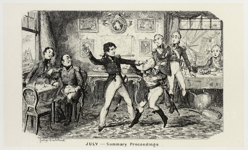 July, Summary Proceedings from George Cruikshank’s Steel Etchings to The Comic Almanacks: 1835-1853, 1839, printed c. 1880, George Cruikshank (English, 1792-1878), published by Pickering & Chatto (English, 19th century), England, Steel etching in black on cream India paper, laid down on off-white card (chine collé), 92 × 154 mm (primary support), 222 × 284 mm (secondary support)