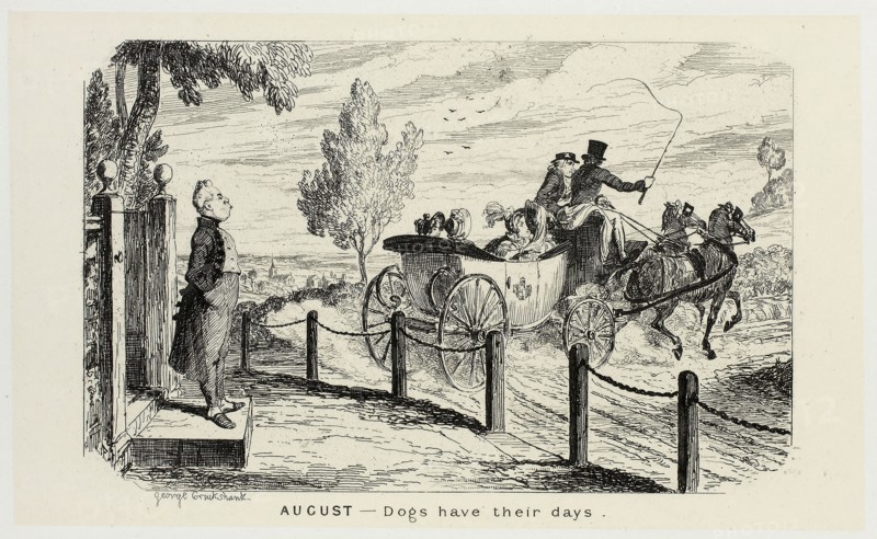 August, Dogs Have Their Days from George Cruikshank’s Steel Etchings to The Comic Almanacks: 1835-1853, 1839, printed c. 1880, George Cruikshank (English, 1792-1878), published by Pickering & Chatto (English, 19th century), England, Steel etching in black on cream India paper, laid down on off-white card (chine collé), 93 × 155 mm (primary support), 223 × 287 mm (secondary support)