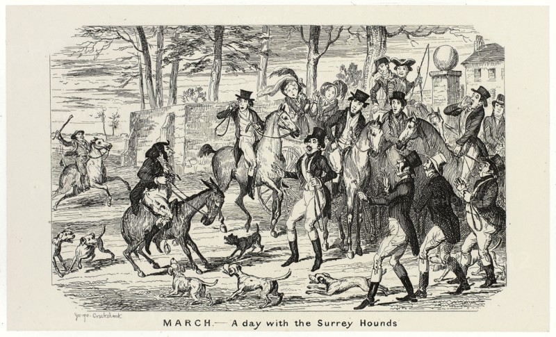 March, A Day With the Surrey Hounds from George Cruikshank’s Steel Etchings to The Comic Almanacks: 1835-1853, 1840, printed c. 1880, George Cruikshank (English, 1792-1878), published by Pickering & Chatto (English, 19th century), England, Steel etching in black on cream India paper, laid down on off-white card (chine collé), 93 × 155 mm (primary support), 223 × 283 mm (secondary support)