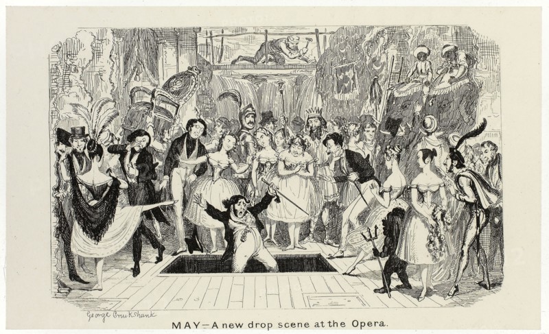 May, A New Drop Scene at the Opera from George Cruikshank’s Steel Etchings to The Comic Almanacks: 1835-1853, 1840, printed c. 1880, George Cruikshank (English, 1792-1878), published by Pickering & Chatto (English, 19th century), England, Steel etching in black on cream India paper, laid down on off-white card (chine collé), 93 × 154 mm (primary support), 220 × 285 mm (secondary support)