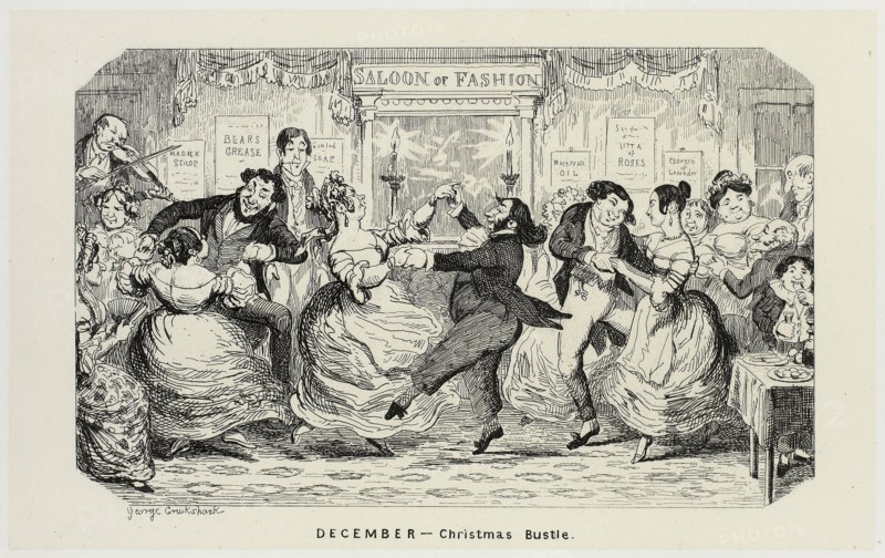 December, Christmas Bustle from George Cruikshank’s Steel Etchings to The Comic Almanacks: 1835-1853, 1840, printed c. 1880, George Cruikshank (English, 1792-1878), published by Pickering & Chatto (English, 19th century), England, Steel etching in black on cream India paper, laid down on off-white card (chine collé), 95 × 153 mm (primary support), 221 × 286 mm (secondary support)