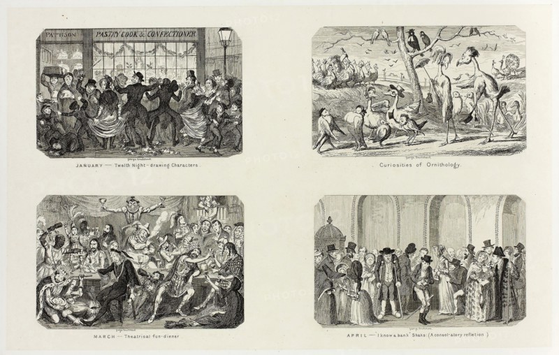 January, Twelfth Night Drawing Characters from George Cruikshank’s Steel Etchings to The Comic Almanacks: 1835-1853 (top left), 1841, printed c. 1880, George Cruikshank (English, 1792-1878), published by Pickering & Chatto (English, 19th century), England, Four steel etchings in black on cream India paper, laid down on off-white card (chine collé), 211 × 337 mm (primary support), 345 × 508 mm (secondary support)