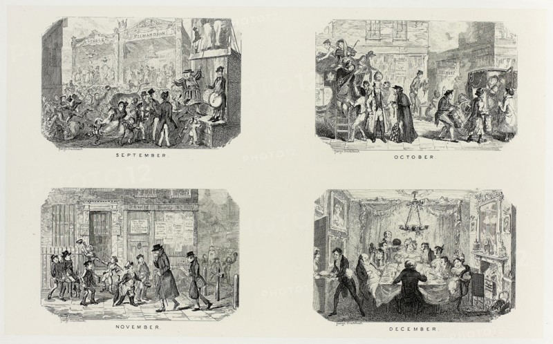 September from George Cruikshank’s Steel Etchings to The Comic Almanacks: 1835-1853 (top left), 1835, printed c. 1880, George Cruikshank (English, 1792-1878), published by Pickering & Chatto (English, 19th century), England, Four steel etchings in black on cream India paper, laid down on off-white card (chine collé), 203 × 332 mm (primary support), 345 × 504 mm (secondary support)