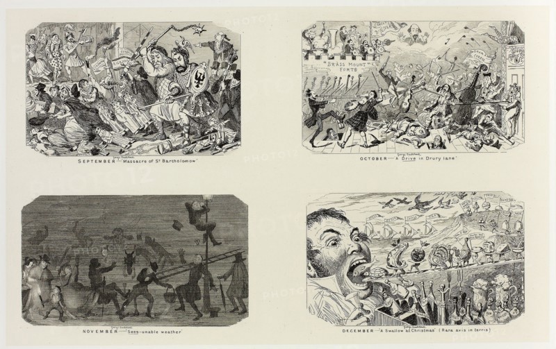 September, Massacre of St. Bartholomew from George Cruikshank’s Steel Etchings to The Comic Almanacks: 1835-1853 (top left), 1841, printed c. 1880, George Cruikshank (English, 1792-1878), published by Pickering & Chatto (English, 19th century), England, Four steel etchings in black on cream India paper, laid down on off-white card (chine collé), 206 × 332 mm (primary support), 346 × 507 mm (secondary support)