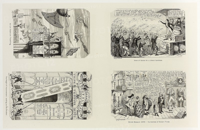 Show of Hands For a Liberal Candidate from George Cruikshank’s Steel Etchings to The Comic Almanacks: 1835-1853 (top left), 1843, printed c. 1880, George Cruikshank (English, 1792-1878), published by Pickering & Chatto (English, 19th century), England, Four steel etchings in black on cream India paper, laid down on off-white card (chine collé), 334 × 214 mm (primary support), 507 × 346 mm (secondary support)