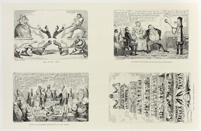 Quarter Day from George Cruikshank’s Steel Etchings to The Comic Almanacks: 1835-1853 (top left), 1844, printed c. 1880, George Cruikshank (English, 1792-1878), published by Pickering & Chatto (English, 19th century), England, Four steel etchings in black on cream India paper, laid down on off-white card (chine collé), 213 × 332 mm (primary support), 342 × 506 mm (secondary support)