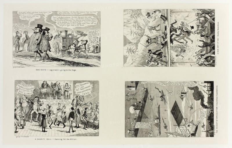 Dog Days, Legislation Going to the Dogs from George Cruikshank’s Steel Etchings to The Comic Almanacks: 1835-1853 (top left), 1844, printed c. 1880, George Cruikshank (English, 1792-1878), published by Pickering & Chatto (English, 19th century), England, Four steel etchings in black on cream India paper, laid down on off-white card (chine collé), 213 × 333 mm (primary support), 344 × 508 mm (secondary support)