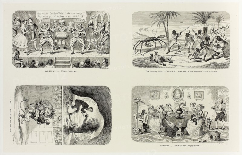 Gemini, Odd Fellows from George Cruikshank’s Steel Etchings to The Comic Almanacks: 1835-1853 (top left), 1846, printed c. 1880, George Cruikshank (English, 1792-1878), published by Pickering & Chatto (English, 19th century), England, Four steel etchings in black on cream India paper, laid down on off-white card (chine collé), 215 × 338 mm (primary support), 345 × 508 mm (secondary support)