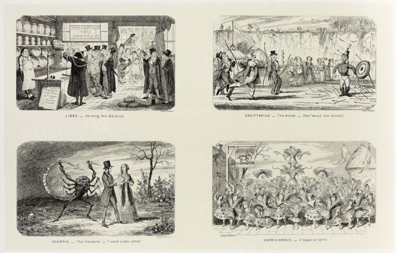 Libra, Striking the Balance from George Cruikshank’s Steel Etchings to The Comic Almanacks: 1835-1853 (top left), 1846, printed c. 1880, George Cruikshank (English, 1792-1878), published by Pickering & Chatto (English, 19th century), England, Four steel etchings in black on cream India paper, laid down on off-white card (chine collé), 214 × 337 mm (primary support), 345 × 507 mm (secondary support)