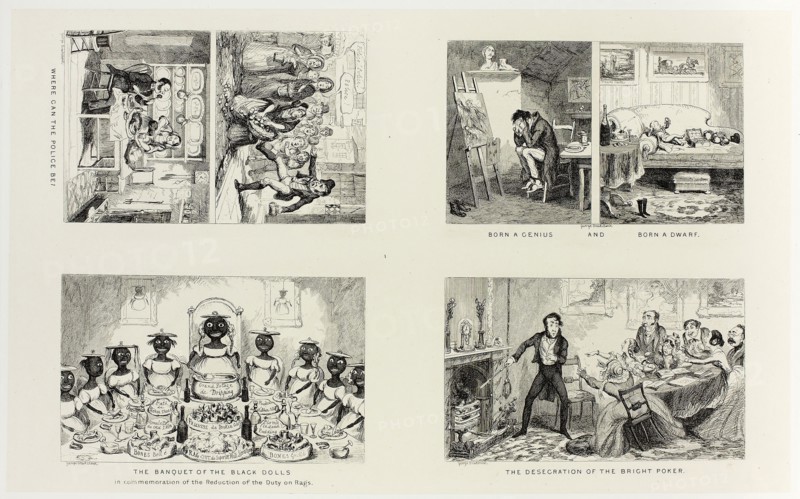 Where Can the Police Be? from George Cruikshank’s Steel Etchings to The Comic Almanacks: 1835-1853 (top left), 1847, printed c. 1880, George Cruikshank (English, 1792-1878), published by Pickering & Chatto (English, 19th century), England, Four steel etchings in black on cream India paper, laid down on off-white card (chine collé), 211 × 342 mm (primary support), 343 × 504 mm (secondary support)