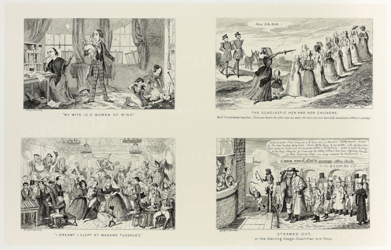 My Wife is a Woman of Mind from George Cruikshank’s Steel Etchings to The Comic Almanacks: 1835-1853 (top left), 1847, printed c. 1880, George Cruikshank (English, 1792-1878), published by Pickering & Chatto (English, 19th century), England, Four steel etchings in black on cream India paper, laid down on off-white card (chine collé), 214 × 338 mm (primary support), 343 × 505 mm (secondary support)