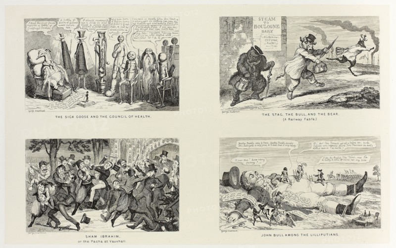 The Sick Goose and the Council of Health from George Cruikshank’s Steel Etchings to The Comic Almanacks: 1835-1853 (top left), 1847, printed c. 1880, George Cruikshank (English, 1792-1878), published by Pickering & Chatto (English, 19th century), England, Four steel etchings in black on cream India paper, laid down on off-white card (chine collé), 208 × 335 mm (primary support), 344 × 505 mm (secondary support)