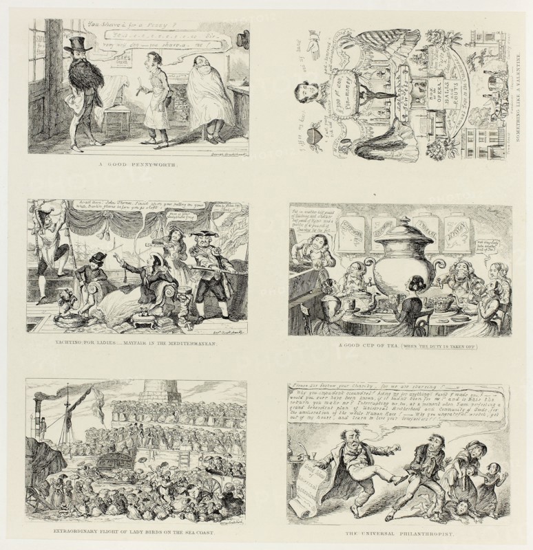 A Good Pennyworth from George Cruikshank’s Steel Etchings to The Comic Almanacks: 1835-1853 (top left), 1848, printed c. 1880, George Cruikshank (English, 1792-1878), published by Pickering & Chatto (English, 19th century), England, Six steel etchings in black on cream India paper, laid down on off-white card (chine collé), 282 × 275 mm (primary support), 340 × 423 mm (secondary support)