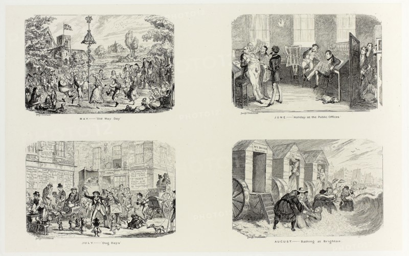 May – Old May Day from George Cruikshank’s Steel Etchings to The Comic Almanacks: 1835-1853 (top left), 1836, printed c. 1880, George Cruikshank (English, 1792-1878), published by Pickering & Chatto (English, 19th century), England, Four steel etchings in black on cream India paper, laid down on off-white card (chine collé), 207 × 334 mm (primary support), 343 × 506 mm (secondary support)