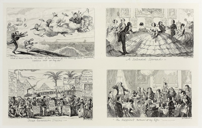 What It Must Come To, At Last, if the Ladies Go On Blowing Themselves Out as They Do! from George Cruikshank’s Steel Etchings to The Comic Almanacks: 1835-1853 (top left), 1850, printed c. 1880, George Cruikshank (English, 1792-1878), published by Pickering & Chatto (English, 19th century), England, Four steel etchings in black on cream India paper, laid down on off-white card (chine collé), 209 × 334 mm (primary support), 344 × 506 mm (secondary support)