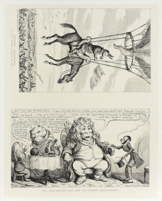 Modern Ballooning, or the Newest Phase of Folly from George Cruikshank’s Steel Etchings to The Comic Almanacks: 1835-1853 (top), 1851, printed c. 1880, George Cruikshank (English, 1792-1878), published by Pickering & Chatto (English, 19th century), England, Two steel etchings in black on cream India paper, laid down on off-white card (chine collé), 206 × 163 mm (primary support), 342 × 251 mm (secondary support)
