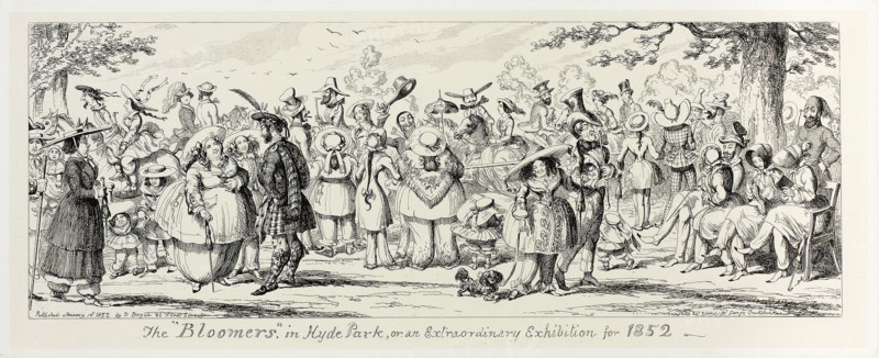 The Bloomers in Hyde Park, or an Extraordinary Exhibition for 1852 from George Cruikshank’s Steel Etchings to The Comic Almanacks: 1835-1853, 1852, printed c. 1880, George Cruikshank (English, 1792-1878), published by Pickering & Chatto (English, 19th century), England, Steel etching in black on cream India paper, laid down on off-white card (chine collé), 161 × 412 mm (primary support), 253 × 504 mm (secondary support)
