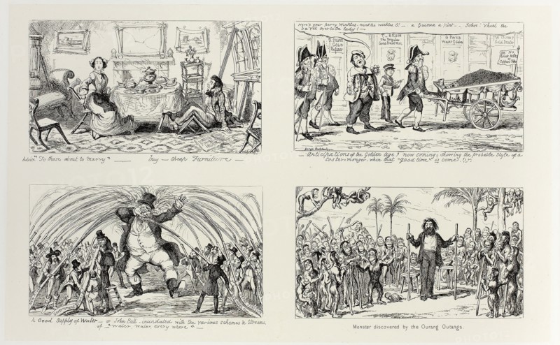 Advice To Those About to Marry, Buy Cheap Furniture from George Cruikshank’s Steel Etchings to The Comic Almanacks: 1835-1853 (top left), 1852, printed c. 1880, George Cruikshank (English, 1792-1878), published by Pickering & Chatto (English, 19th century), England, Four steel etchings in black on cream India paper, laid down on off-white card (chine collé), 211 × 342 mm (primary support), 341 × 506 mm (secondary support)