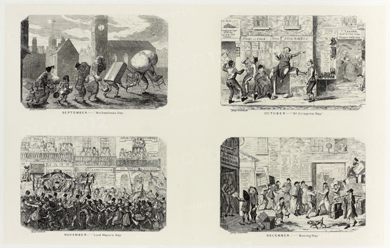 September – Michaelmas Day from George Cruikshank’s Steel Etchings to The Comic Almanacks: 1835-1853 (top left), 1836, printed c. 1880, George Cruikshank (English, 1792-1878), published by Pickering & Chatto (English, 19th century), England, Four steel etchings in black on cream India paper, laid down on off-white card (chine collé), 207 × 334 mm (primary support), 343 × 506 mm (secondary support)
