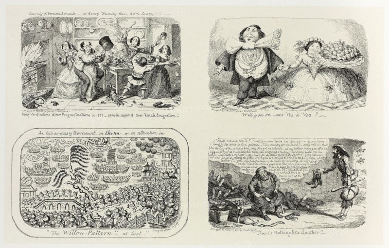 Scarcity of Domestic Services, or Every Family Their Own Cooks!!! from George Cruikshank’s Steel Etchings to The Comic Almanacks: 1835-1853 (top left), 1853, printed c. 1880, George Cruikshank (English, 1792-1878), published by Pickering & Chatto (English, 19th century), England, Four steel etchings in black on cream India paper, laid down on off-white card (chine collé), 213 × 338 mm (primary support), 343 × 504 mm (secondary support)