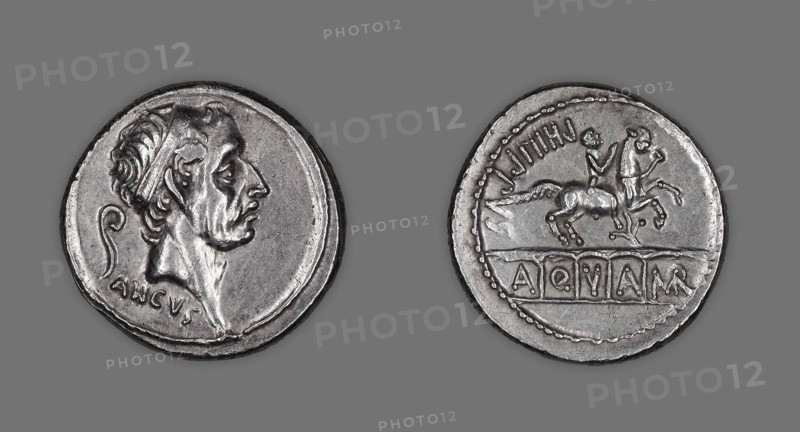 Denarius (Coin) Portraying King Ancus Marcius, 56 BC, issued by L. Marcius Philippus, Roman, minted in Rome, Roman Empire, Silver, Diam. 1.8 cm, 4.19 g