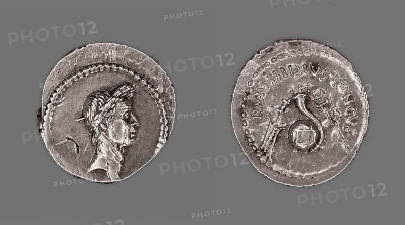 Denarius (Coin) Portraying Julius Caesar, 42 BC, issued by L. Mussidius Longus, Roman, minted in Rome, Rome, Silver, Diam. 2 cm, 3.83 g