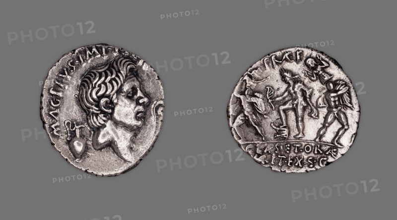 Denarius (Coin) Portraying Pompey the Great, 42/40 BC, issued by Roman Republic, Sextus Pompeius Magnus, Roman, minted in Sicily, Sicilia, Silver, Diam. 2 cm, 3.95 g