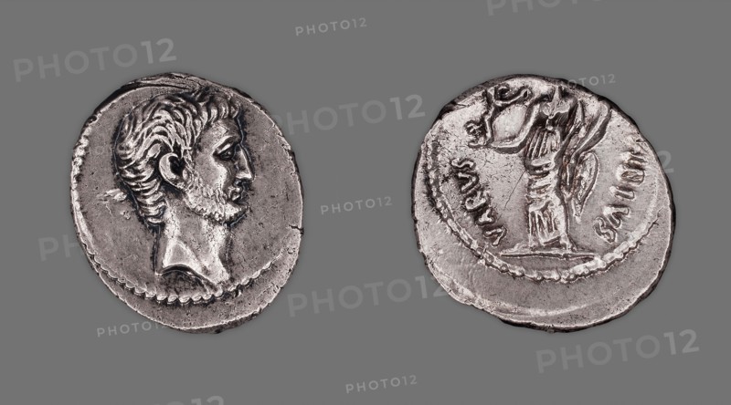 Denarius (Coin) Portraying Mark Antony, 42 BC, issued by C. Vibius Varus, Roman, minted in Rome, Rome, Silver, Diam. 1.9 cm, 3.95 g