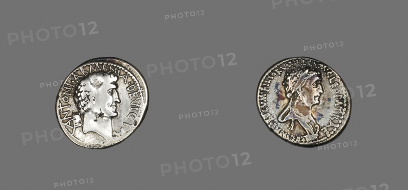 Denarius (Coin) Portraying Mark Antony and Queen Cleopatra VII, Ptolemaic Period, (about 32 BC), Reign of Cleopatra VII, 51–30 BC, Greco-Roman, mint moving with Antony, Ancient Greece, Silver, Diam. 1.9 cm, 3.36 g