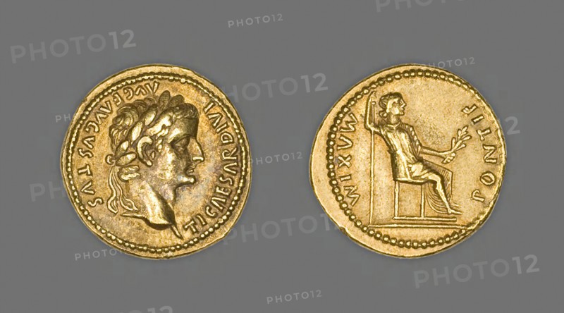 Aureus (Coin) Portraying Emperor Tiberius, AD 15/37, issued by Tiberius, Roman, minted in Lyon, Lyon, Gold, Diam. 2 cm, 7.81 g