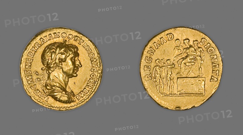 Aureus (Coin) Portraying Emperor Trajan, 114/15, issued by Trajan, Roman, minted in Rome, Rome, Gold, Diam. 2 cm, 7.36 g