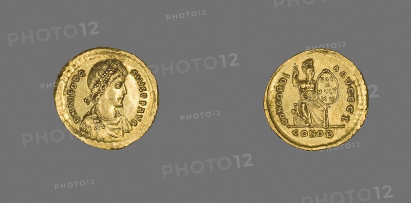 Solidus (Coin) of Emperor Theodosius I, 383 (25 August)/388 (28 August), Byzantine, minted in Constantinople (now Istanbul), Constantinople, Gold, Diam. 2.1 cm, 4.50 g