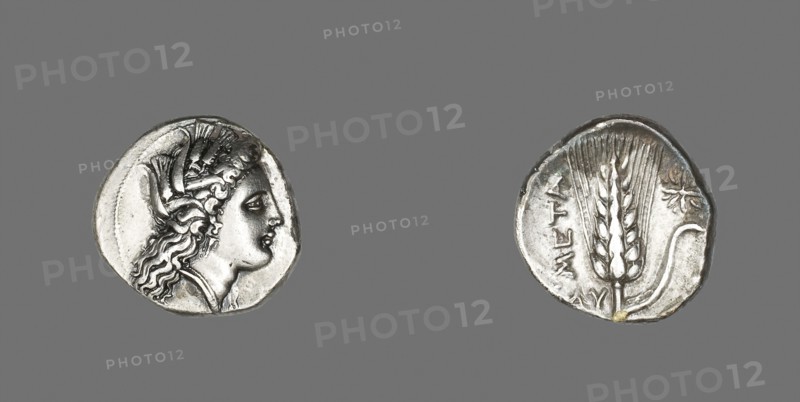Stater (Coin) Depicting the Goddess Kore, 330/300 BC, Greek, minted in Metapontum, Italy, Metapontum, Silver, Diam. 2.1 cm, 7.65 g