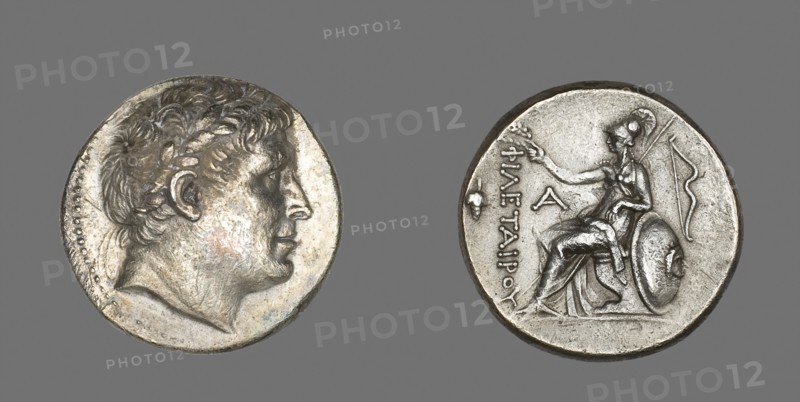 Tetradrachm (Coin) Portraying Philetairos of Pergamon, 241/197 BC, Issued by Attalos I Soter, Reign of Philetairos of Pergamon, 282–263 BC, Greek, minted in Pergamon, Mysia, Asia Minor (now Turkey), Pergamon, Silver, Diam. 2.8 cm, 16.39 g