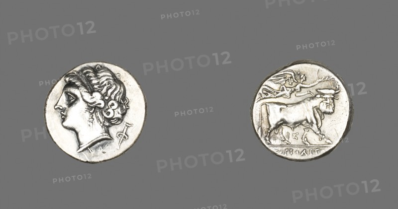 Stater (Coin) Depicting the Siren Parthenope, 280/241 BC, Greek, minted in Neapolis (Naples), Italy, Neapolis, Silver, Diam. 2 cm, 7.05 g