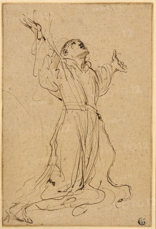 Study for Saint Francis Receiving the Stigmata, 1632/34, Guercino, Italian, 1591-1666, Italy, Pen and brown ink, with traces of brush and brown wash, on tan laid paper, laid down on cream laid paper, 274 x 184 mm