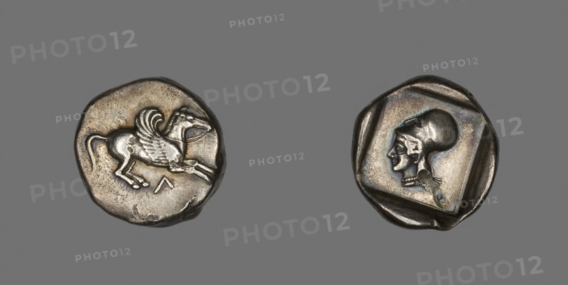 Coin Depicting Pegasus, about 500/450 BC, Greek, Corinth, Levkás, Silver, Diam. 2.2 cm, 8.32 g