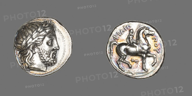 Tetradrachm (Coin) Depicting the God Zeus, Reign of Phillip II (359–336 BC), Greek, minted in Pella, ancient Macedon, Greece, Pella, Silver, Diam. 2.6 cm, 14.47 g