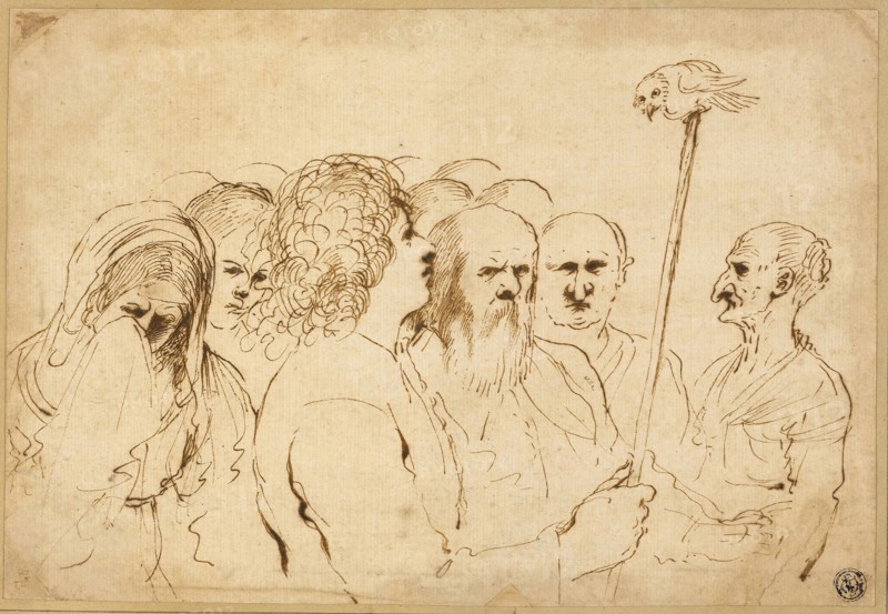 Group of Figures, with Owl on a Pole, n.d., Attributed to Guercino, Italian 1591-1666, Italy, Pen and brown ink on ivory laid paper, laid down on tan wove card, 184 x 269 mm
