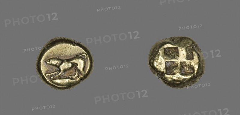 Stater (Coin) Depicting a Crouching Dog, 5th century BC, Greek, Mysia, Electrum, Diam. 1.9 cm, 16.05 g