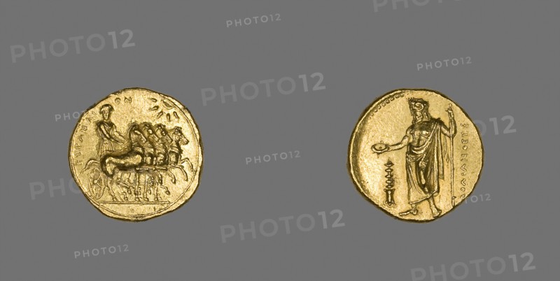 Stater (Coin) Depicting a Quadriga, about 322/308 BC, Greek, minted in Cyrene, North Africa, Cyrene, Gold, Diam. 2 cm, 8.69 g