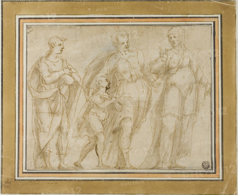 Departure of Tobit (?) (recto), Sketch of Crucifixion (verso), n.d. (recto), late 16th century (verso), Italian, Genoese, Late 16th century, Italy, Pen and brown ink with brush and brown wash (recto) and pen and brown ink (verso), on tan laid paper, 183 x 273 mm