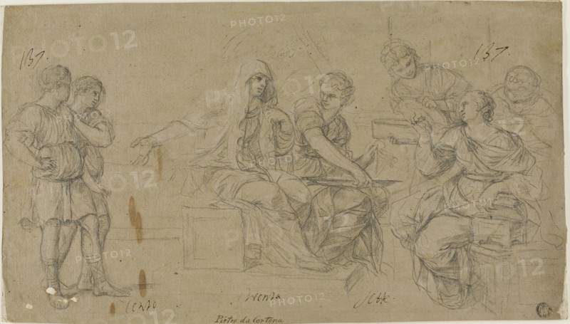 Cornelia Exhibiting Her Two Sons to a Friend, n.d., Livio Mehus, Flemish, c. 1630-1691, Flanders, Black chalk, heightened with white chalk, on brown laid paper, laid down on ivory laid paper, 218 × 383 mm