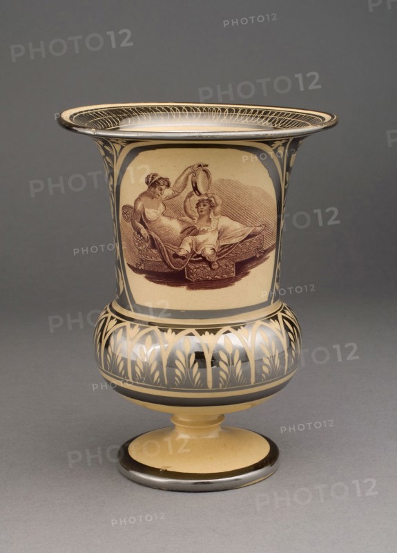 Vase (part of a Garniture of 5 Vases), c. 1820, England, Leeds, With Transfer Decoration after Adam Buck, Irish, 1759-1833, Leeds, Earthenware with silver lustre decoration, monochrome brown, and yellow ground, H. 14 cm (5 1/2 in.)